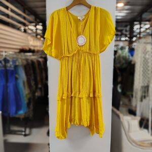 Umgee Flowy Tiered V-Neck Mini Dress | Dolman Sleeves | Size S | NWT